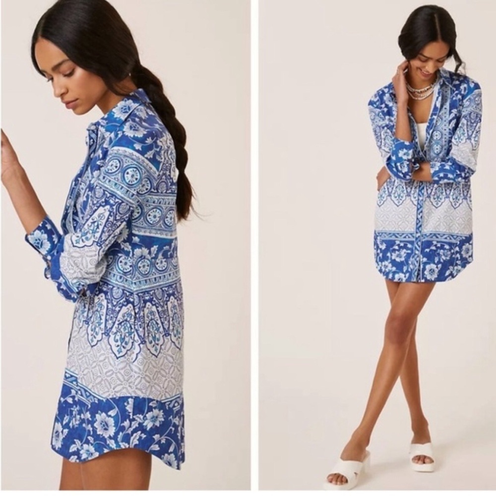 NWOT Anthropologie Printed Button Front Shirt Dress Blue and White Size XS - Picture 1 of 12